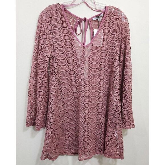 Green Envelope NWT dusty rose crochet bell sleeve open tie back swim coverup - Picture 5 of 6